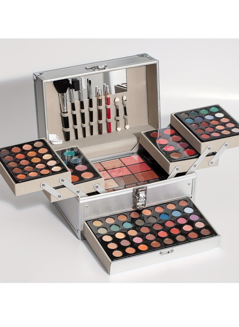 MISS YOUNG - 127Pcs/Set Idea Makeup Gift Box For Mother's Day Multi-Functional Make Up Case Set With Mirror u0026 Brush Eyeshadow Lipstick Mascara Lip Liner Lip Gloss All In One Simplicity Silvery Ladies Cosmeti - Image 1