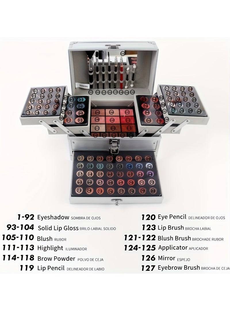 MISS YOUNG - 127Pcs/Set Idea Makeup Gift Box For Mother's Day Multi-Functional Make Up Case Set With Mirror u0026 Brush Eyeshadow Lipstick Mascara Lip Liner Lip Gloss All In One Simplicity Silvery Ladies Cosmeti - Image 1