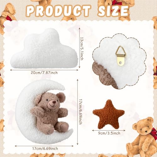 Chumia 7 Pcs Teddy Bear Nursery Wall Decor Boho Nursery Wall Art with Clouds Moon Star Soft Plush Baby Room Decor Gender Neutral for Bedroom Playroom Decoration - Image 3