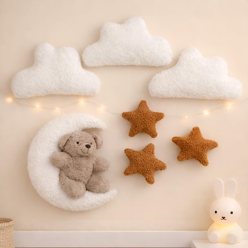Chumia 7 Pcs Teddy Bear Nursery Wall Decor Boho Nursery Wall Art with Clouds Moon Star Soft Plush Baby Room Decor Gender Neutral for Bedroom Playroom Decoration - Image 2