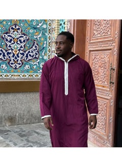 Yigo by Mariam Qamis Guidado – Men’s Hooded Qamis in Deep Burgundy - Premium Zibda Fabric | Omani Style Mens Thobes  - Image 3
