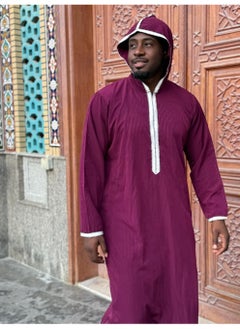 Yigo by Mariam Qamis Guidado – Men’s Hooded Qamis in Deep Burgundy - Premium Zibda Fabric | Omani Style Mens Thobes  - Image 2