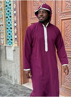 Yigo by Mariam Qamis Guidado – Men’s Hooded Qamis in Deep Burgundy - Premium Zibda Fabric | Omani Style Mens Thobes  - Image 1
