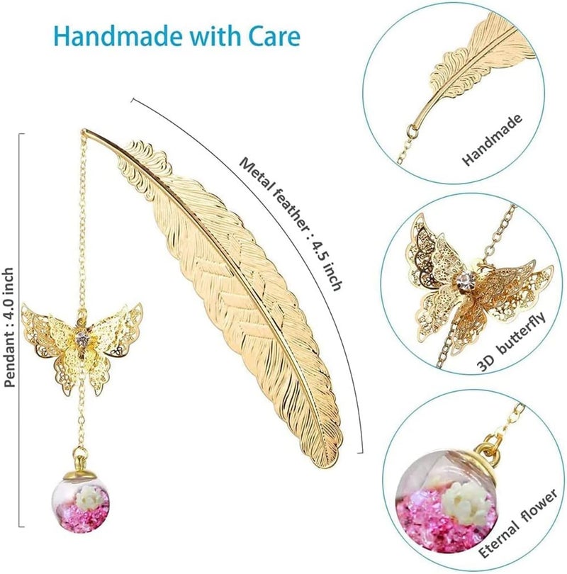 إي سي في في علامات مرجعية معدنية على شكل ريشة مع قلادة ثلاثية الأبعاد على شكل فراشة وزهرة مجففة، علامات صفحات كتب ذهبية عتيقة على شكل أوراق، هدية لمحبي الكتب والمعلمين - Image 3