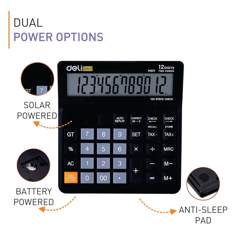 Deli WM01120 12 Digit Dual Power Basic Calculator with GT Function, 120 Step Check and Correct Function | Ideal for Office & Home Use, Black - Image 3