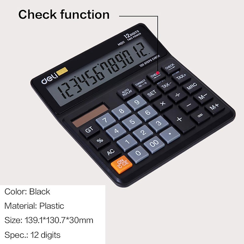Deli WM01120 12 Digit Dual Power Basic Calculator with GT Function, 120 Step Check and Correct Function | Ideal for Office & Home Use, Black - Image 2