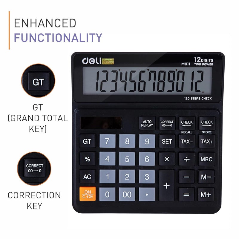 Deli WM01120 12 Digit Dual Power Basic Calculator with GT Function, 120 Step Check and Correct Function | Ideal for Office & Home Use, Black - Image 4
