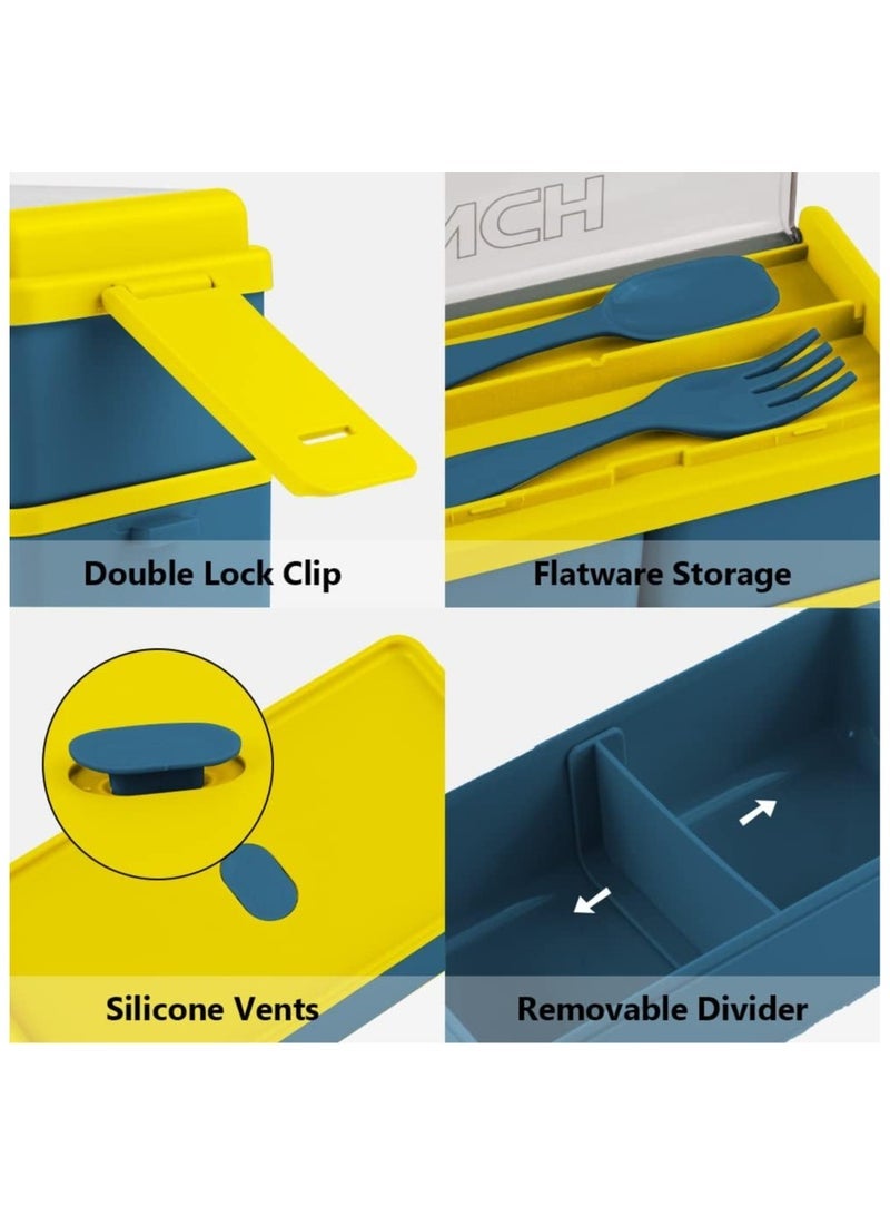 Double Stackable Bento Box for Kids, 3-Compartment Lunch Box with Food-safe Materials, 1400ML Leak-proof Lunch Container for Kids/Adults with Reusable Fork&Spoon（Blue） - Image 2