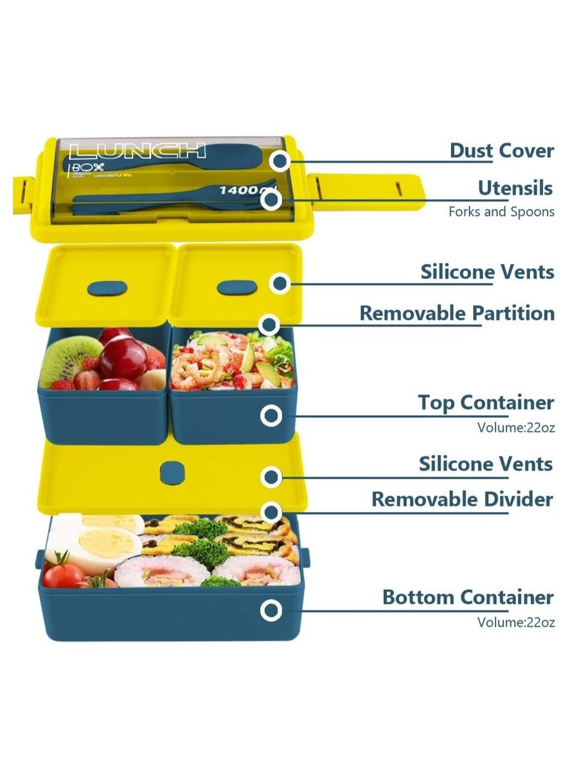 Double Stackable Bento Box for Kids, 3-Compartment Lunch Box with Food-safe Materials, 1400ML Leak-proof Lunch Container for Kids/Adults with Reusable Fork&Spoon（Blue） - Image 4