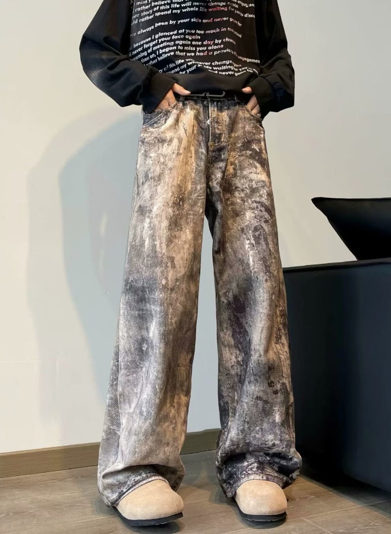 xozgdovg Dirty splash-ink digital printed straight leg jeans men's and women's wide leg drop wash made old micro mop pants  - Image 1