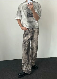 xozgdovg Dirty splash-ink digital printed straight leg jeans men's and women's wide leg drop wash made old micro mop pants  - Image 2