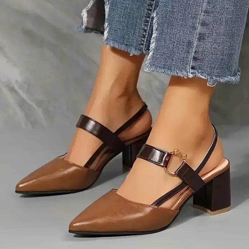 Open-Toe Sandals for Women, Spring and Summer New Style, Pointed Toe, Chunky Heel, Mid-Heel, Ankle Strap, Versatile High Heels - Image 3