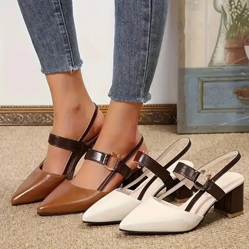 Open-Toe Sandals for Women, Spring and Summer New Style, Pointed Toe, Chunky Heel, Mid-Heel, Ankle Strap, Versatile High Heels - Image 2