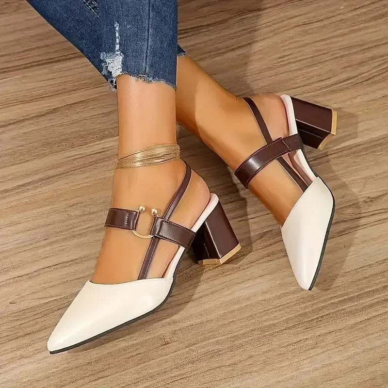 Open-Toe Sandals for Women, Spring and Summer New Style, Pointed Toe, Chunky Heel, Mid-Heel, Ankle Strap, Versatile High Heels - Image 5