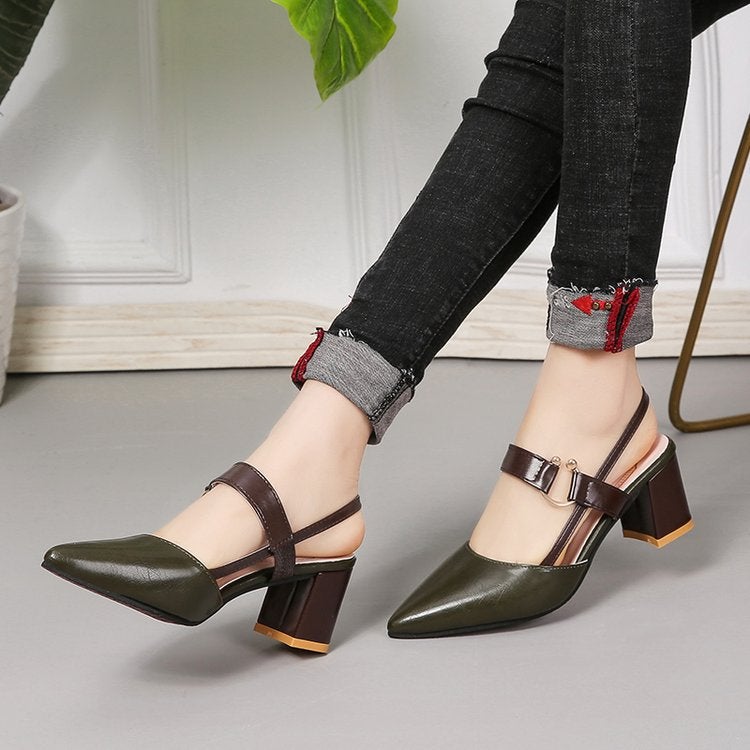 Open-Toe Sandals for Women, Spring and Summer New Style, Pointed Toe, Chunky Heel, Mid-Heel, Ankle Strap, Versatile High Heels - Image 1