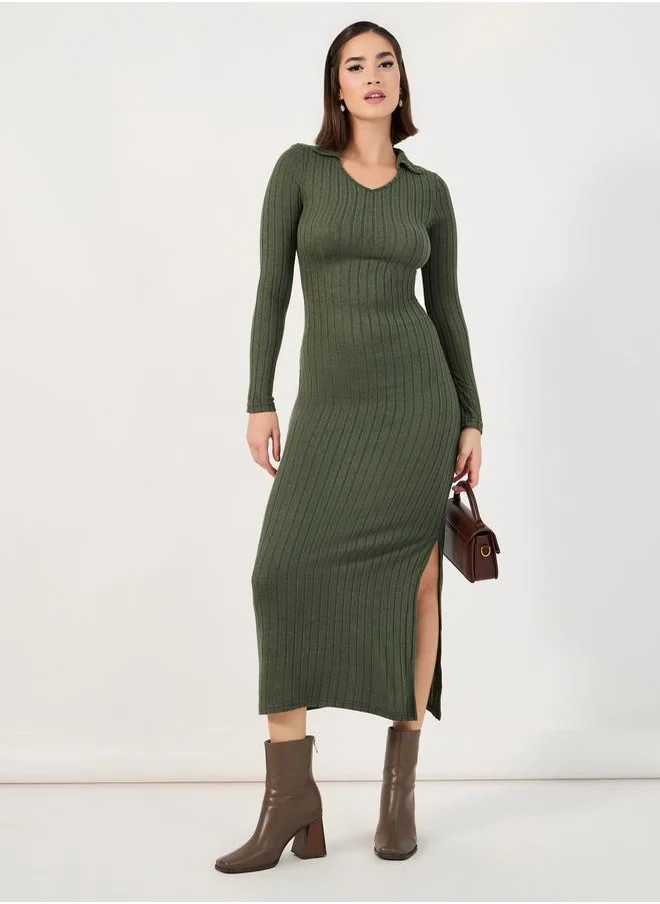 Styli Collared Knit Bodycon Maxi Dress with Side Slit