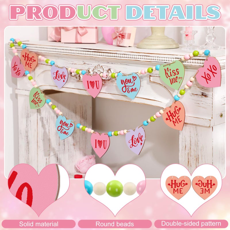 DoubleFill 1 Set Valentines Conversation Mantle Garland 6.56 ft Wooden Valentines Heart Bead Banner Hug Love Hanging Garland for Wall Fireplace Shelf Display Home Indoor Outdoor Decor for Party Supplies - Image 3