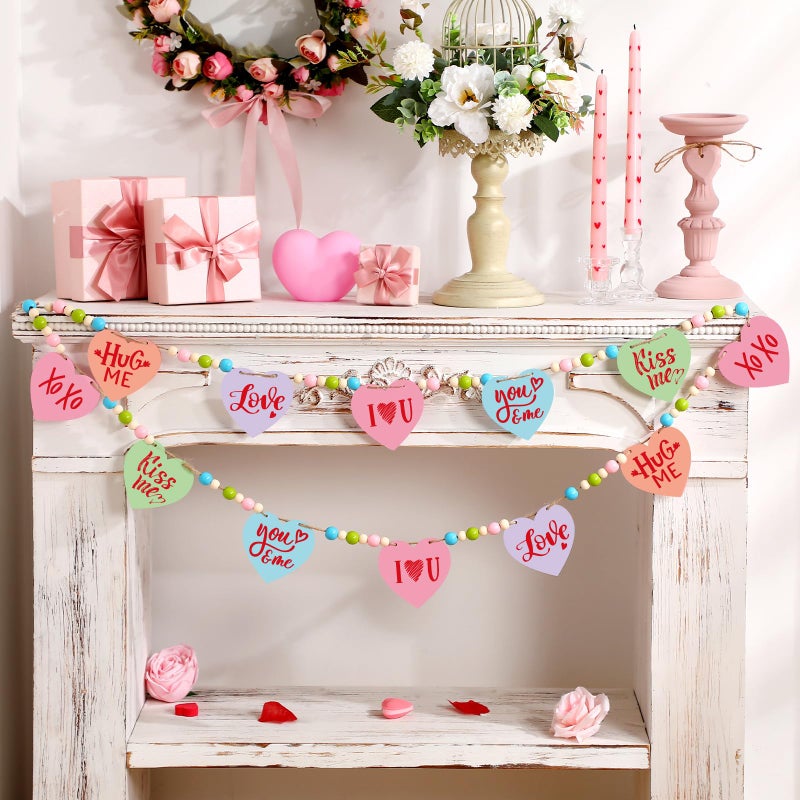 DoubleFill 1 Set Valentines Conversation Mantle Garland 6.56 ft Wooden Valentines Heart Bead Banner Hug Love Hanging Garland for Wall Fireplace Shelf Display Home Indoor Outdoor Decor for Party Supplies - Image 1