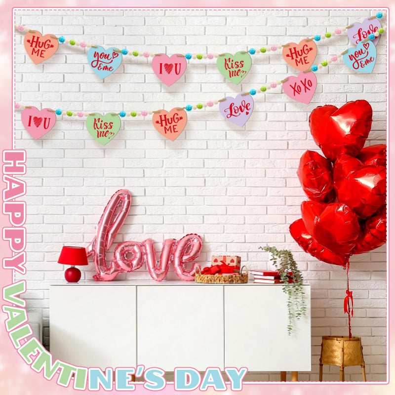 DoubleFill 1 Set Valentines Conversation Mantle Garland 6.56 ft Wooden Valentines Heart Bead Banner Hug Love Hanging Garland for Wall Fireplace Shelf Display Home Indoor Outdoor Decor for Party Supplies - Image 4