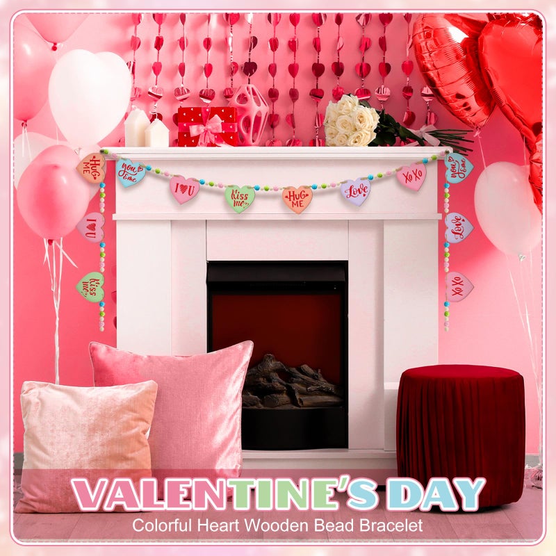 DoubleFill 1 Set Valentines Conversation Mantle Garland 6.56 ft Wooden Valentines Heart Bead Banner Hug Love Hanging Garland for Wall Fireplace Shelf Display Home Indoor Outdoor Decor for Party Supplies - Image 5
