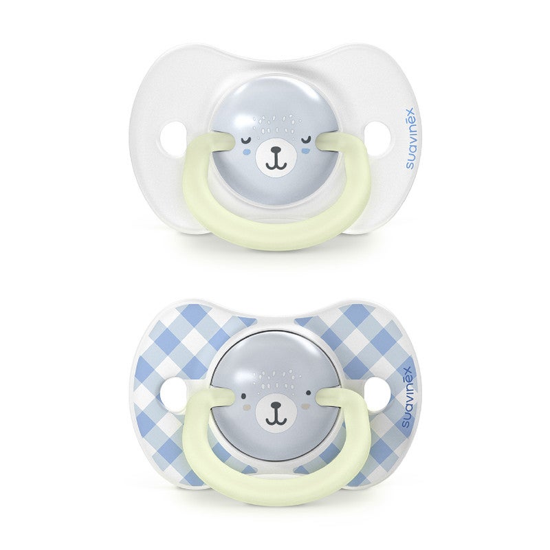 SUAVINEX سوافينيكس، عبوة من 2 مصاصة تتوهج في الظلام، للأطفال من 0 إلى 6 أشهر والمواليد الجدد، للنوم، مع حلقة متلألئة وحلمة سيليكون SX Pro، مسطحة ومرنة، زرقاء - Image 4