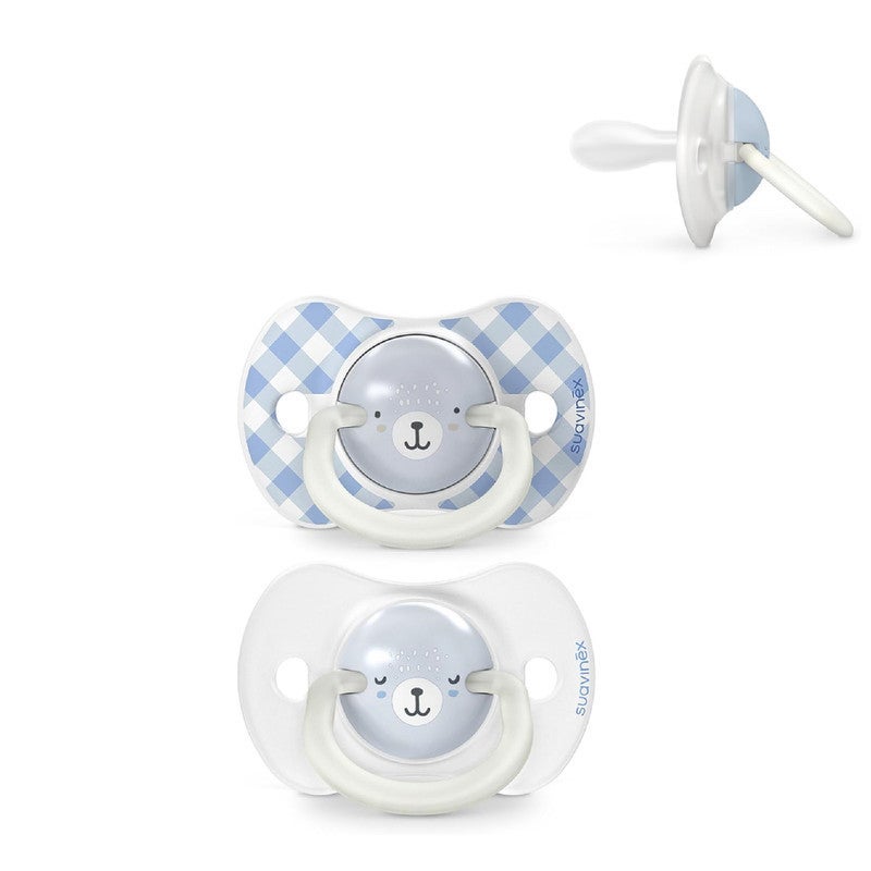 SUAVINEX سوافينيكس، عبوة من 2 مصاصة تتوهج في الظلام، للأطفال من 0 إلى 6 أشهر والمواليد الجدد، للنوم، مع حلقة متلألئة وحلمة سيليكون SX Pro، مسطحة ومرنة، زرقاء - Image 1