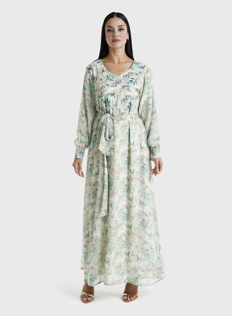 KASHKHA Green Floral Printed Chiffon Hand Work Maxi Dress (VW214)