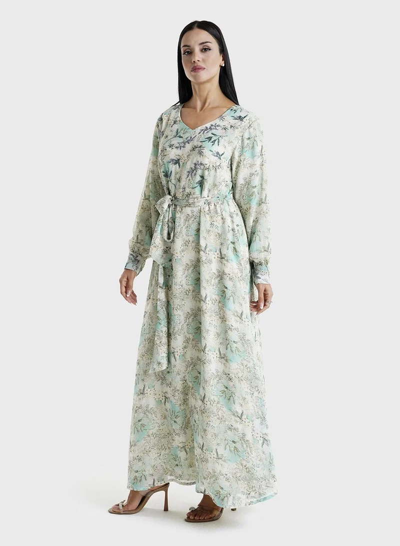 Kashkha  Green Floral Printed Chiffon Hand Work Maxi Dress (VW214) for Women | Best Price UAE