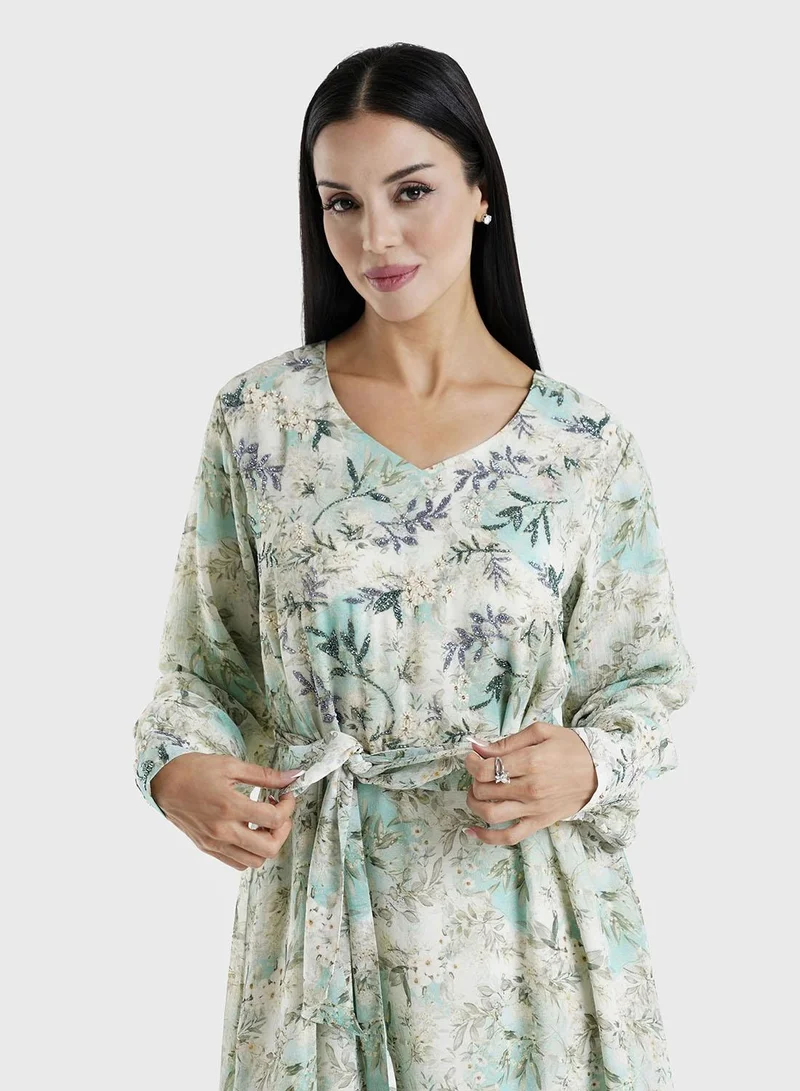 KASHKHA Green Floral Printed Chiffon Hand Work Maxi Dress (VW214)