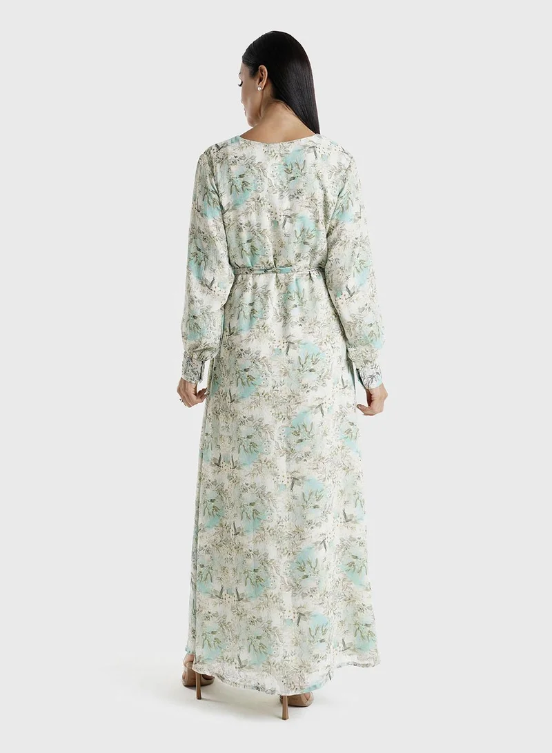 Kashkha  Green Floral Printed Chiffon Hand Work Maxi Dress (VW214) for Women | Best Price UAE