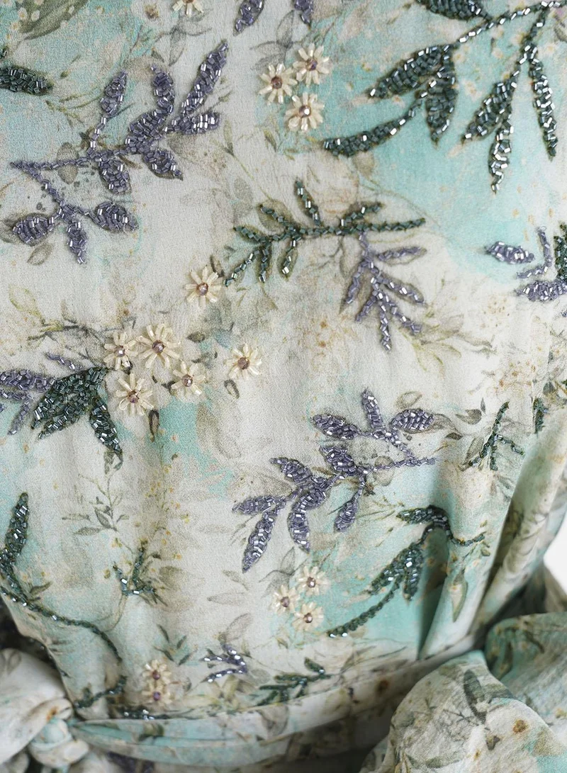 Kashkha  Green Floral Printed Chiffon Hand Work Maxi Dress (VW214) for Women | Best Price UAE