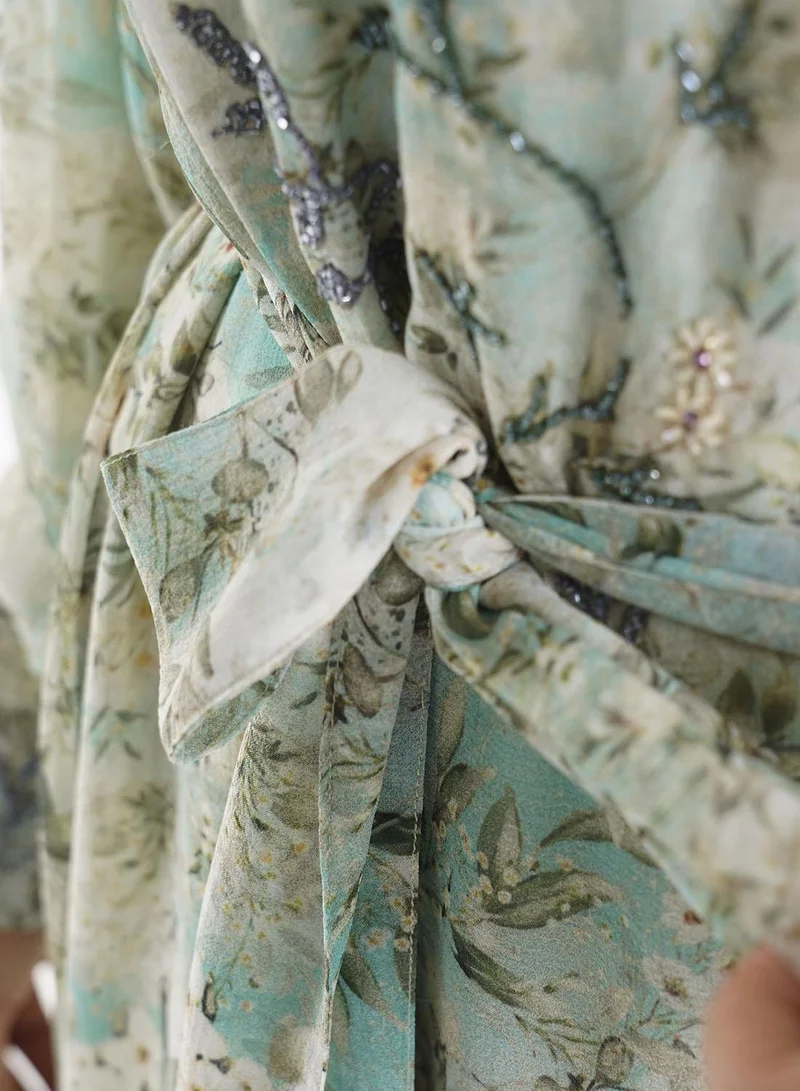 Kashkha  Green Floral Printed Chiffon Hand Work Maxi Dress (VW214) for Women | Best Price UAE