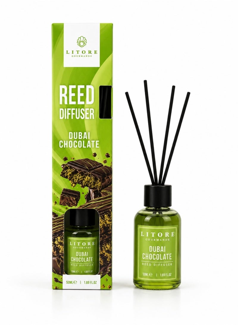 Litore Reed Diffuser - Dubai Chocolate Fragrance, 50ml | Long-Lasting Home Fragrance | Elegant Room Diffuser - Image 1