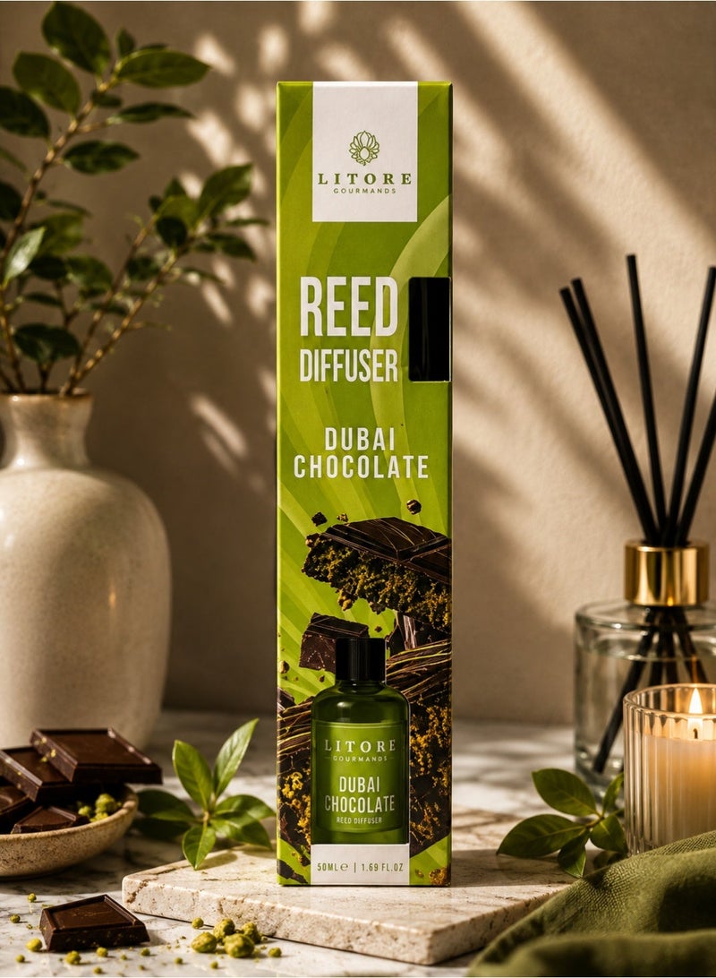 Litore Reed Diffuser - Dubai Chocolate Fragrance, 50ml | Long-Lasting Home Fragrance | Elegant Room Diffuser - Image 3