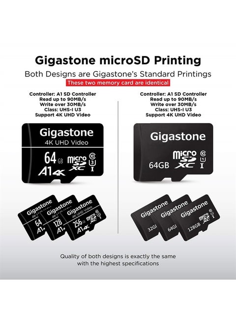 [Gigastone] 64GB Micro SD Card, 4K UHD Video, Surveillance Security Cam Action Camera Drone Professional, 90MB/s Micro SDXC UHS-I A1 Class 10, with Adapter