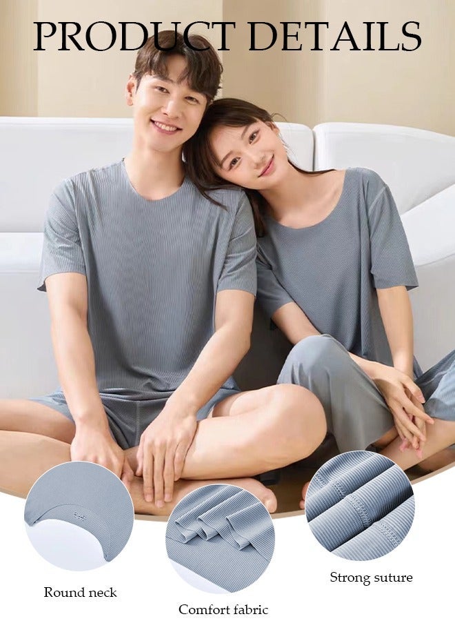DUNISO Men's Pajamas Set Short Sleeve Summer Relaxed Pajamas Round Neck High Elastic Breathable Thin Pajamas Set - Image 5