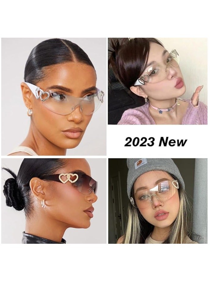 KASTWAVE Y2K Heart Sunglasses for Women Men, Trendy Wrap Around Sunglasses Rimless Oversized Shield Sun Glasses - Image 2