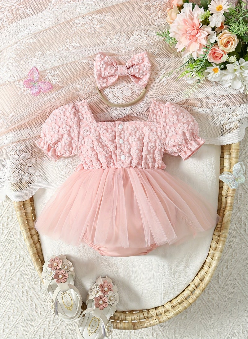DOOKOO Baby Girl Lace Romper with Floral Design, Newborn Tulle Onesie Dress, Infant Sleeveless Jumpsuit for Special Occasions - Image 1