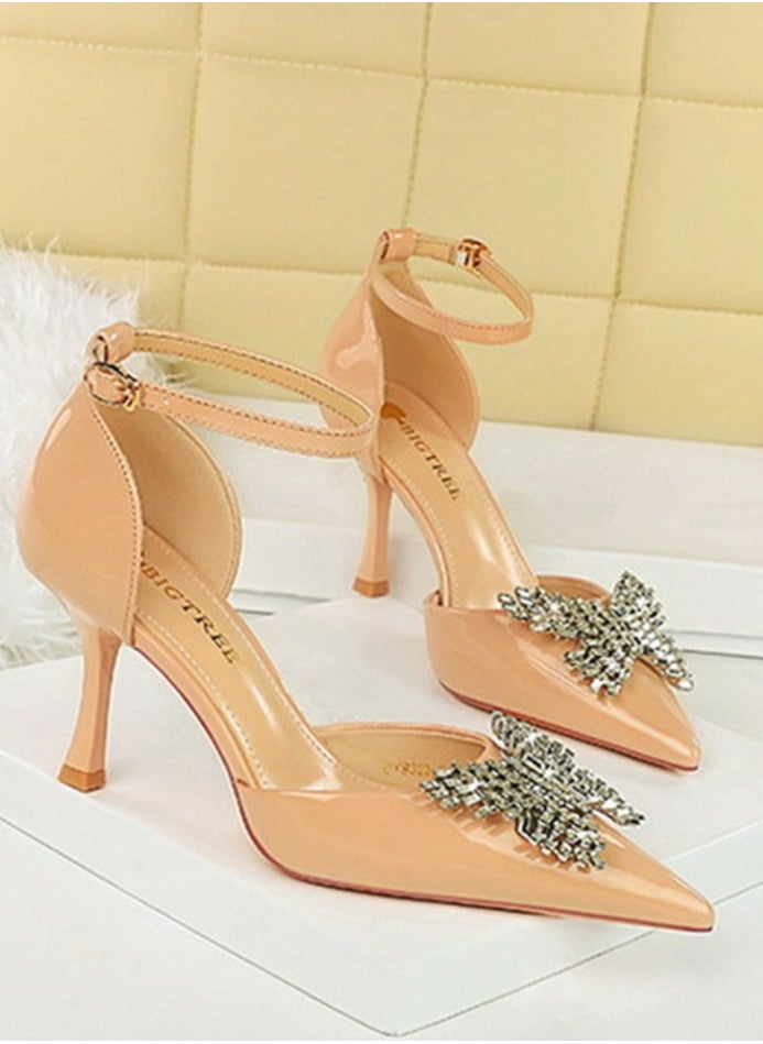 BIGTREE Women's Patent Leather Closed Pointed Toe Stiletto Pump Rhinestone Bowknot Decoration High Heels Beige 8CM  - Image 1