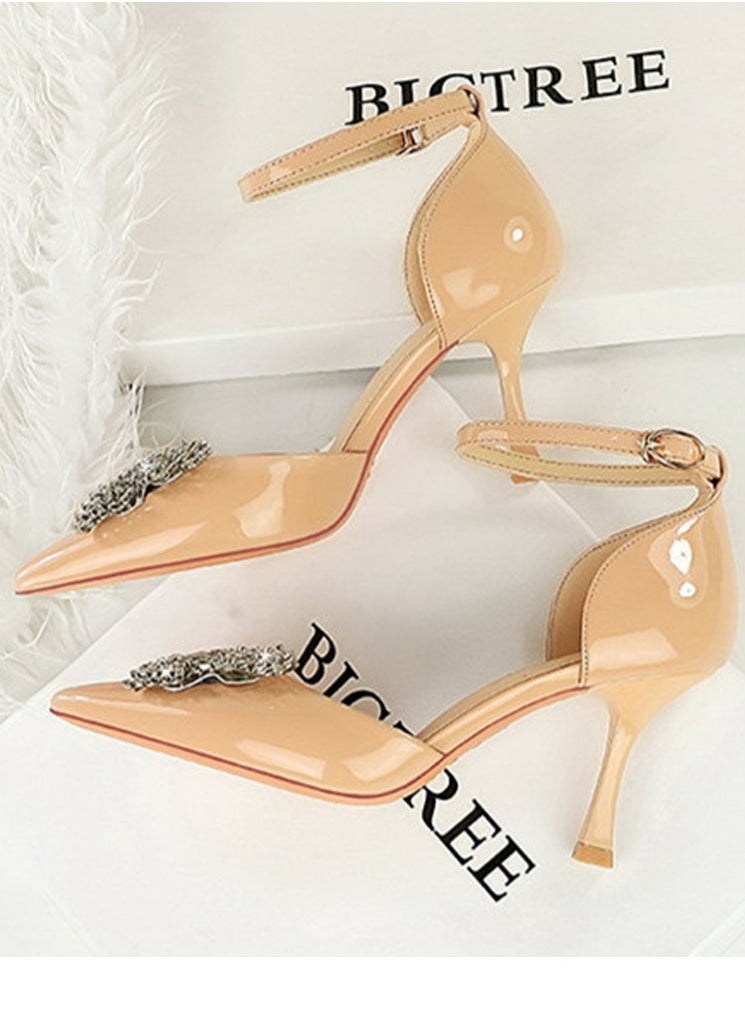 BIGTREE Women's Patent Leather Closed Pointed Toe Stiletto Pump Rhinestone Bowknot Decoration High Heels Beige 8CM  - Image 2