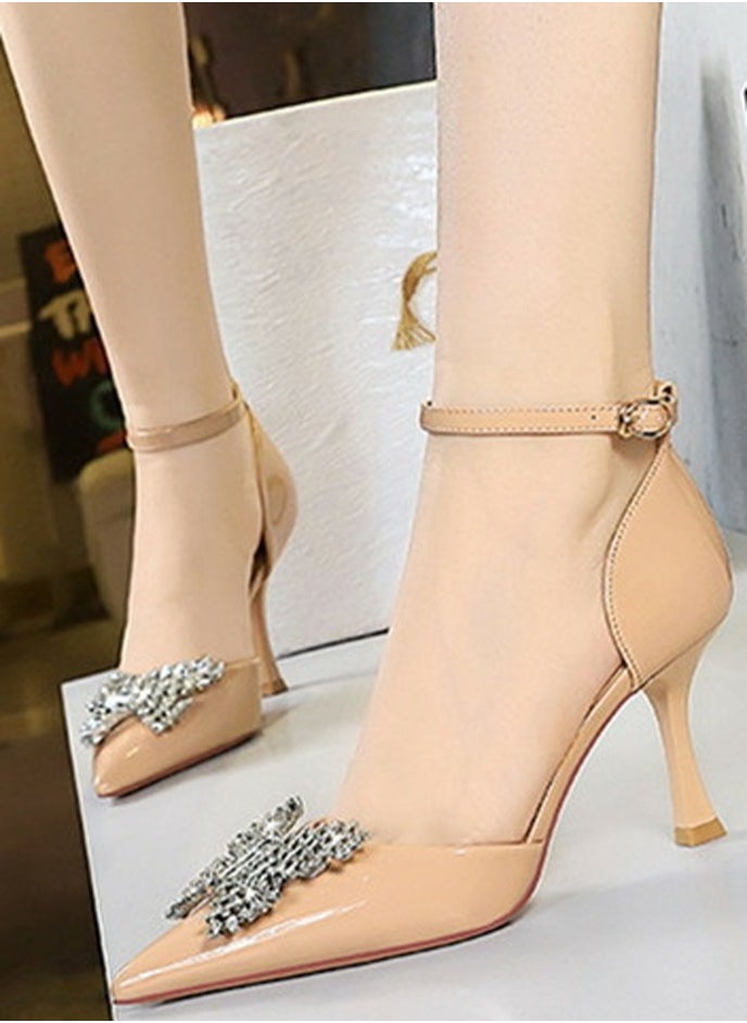 BIGTREE Women's Patent Leather Closed Pointed Toe Stiletto Pump Rhinestone Bowknot Decoration High Heels Beige 8CM  - Image 3