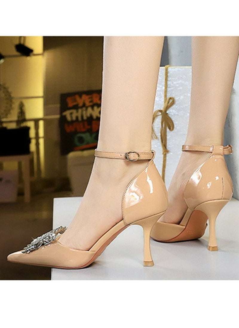 BIGTREE Women's Patent Leather Closed Pointed Toe Stiletto Pump Rhinestone Bowknot Decoration High Heels Beige 8CM  - Image 4