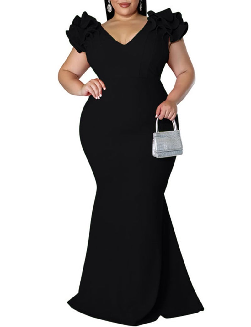 Ekaliy Women's Plus Size Maxi Dress Elegant V-Neck Ruffle Sleeves Bodycon Mermaid Dresses Evening Gown Black 3XL - Image 1