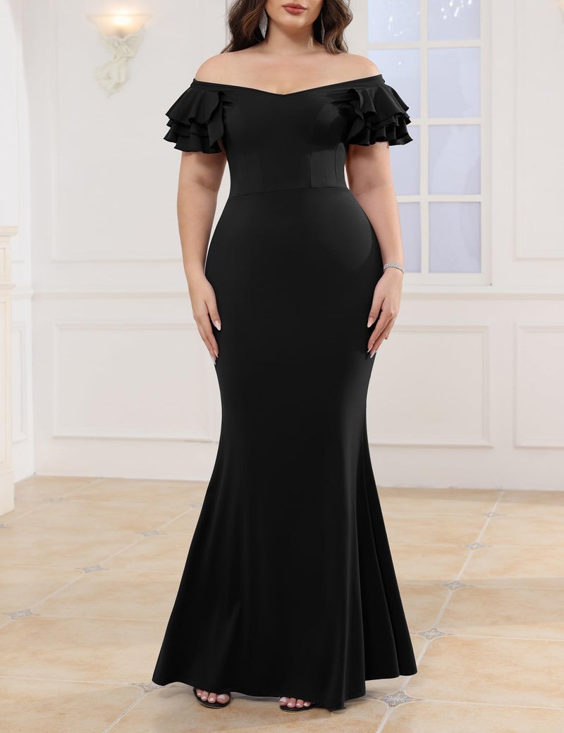 Ekaliy Women's Plus Size Maxi Dress Elegant V-Neck Ruffle Sleeves Bodycon Mermaid Dresses Evening Gown Black 3XL - Image 3