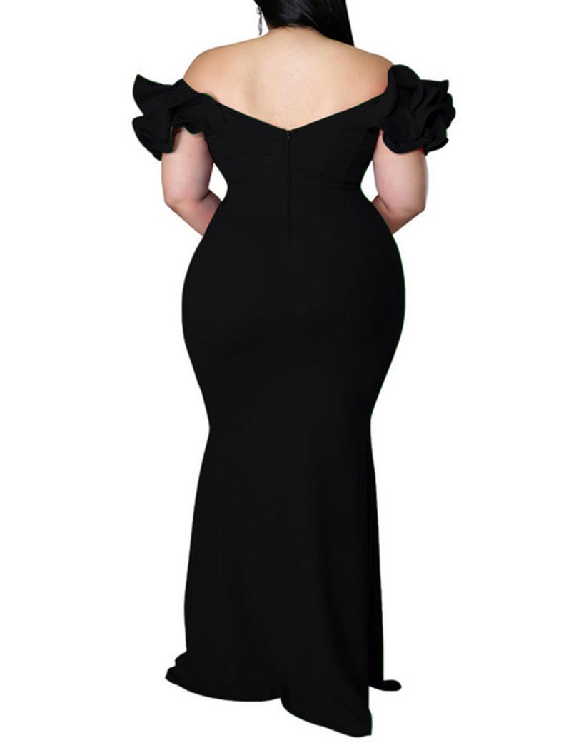 Ekaliy Women's Plus Size Maxi Dress Elegant V-Neck Ruffle Sleeves Bodycon Mermaid Dresses Evening Gown Black 3XL - Image 5
