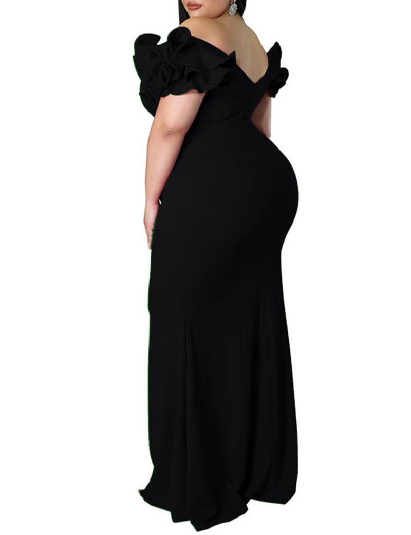Ekaliy Women's Plus Size Maxi Dress Elegant V-Neck Ruffle Sleeves Bodycon Mermaid Dresses Evening Gown Black 3XL - Image 4