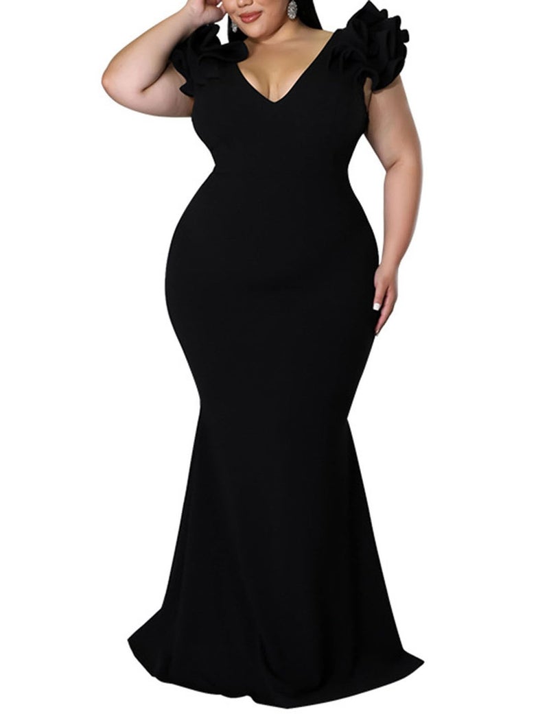 Ekaliy Women's Plus Size Maxi Dress Elegant V-Neck Ruffle Sleeves Bodycon Mermaid Dresses Evening Gown Black 3XL - Image 2