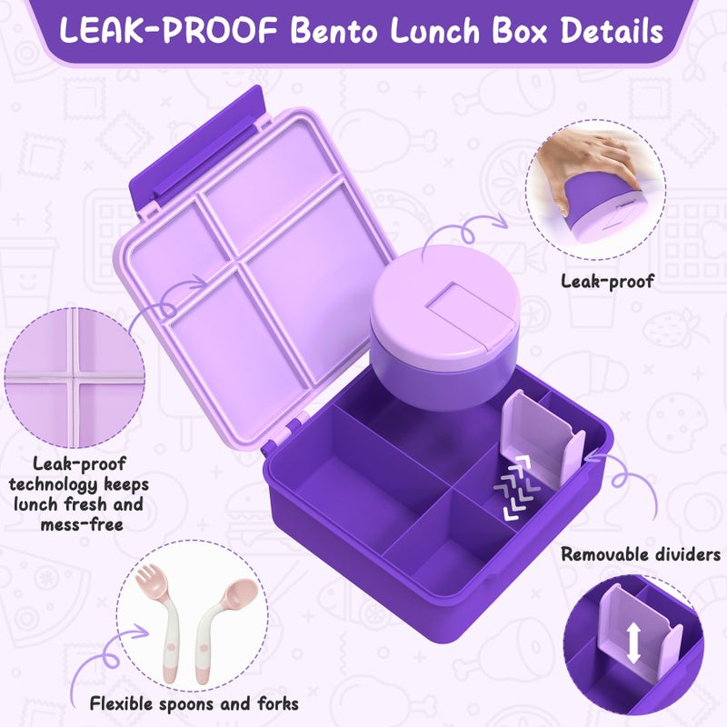 LOHASOK Bento Lunch Box with 8oz Soup Thermo, Leak-Proof Lunch Containers with 4 Compartment, Thermo Hot Food Jar and Insulated Lunch Box for School Purple - Image 3