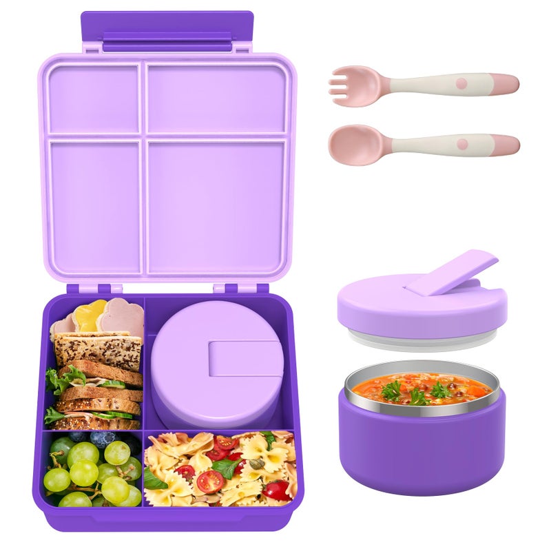 LOHASOK Bento Lunch Box with 8oz Soup Thermo, Leak-Proof Lunch Containers with 4 Compartment, Thermo Hot Food Jar and Insulated Lunch Box for School Purple - Image 1