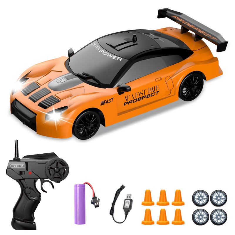 YUAN PLAN RC Drift Car 124 24GHz Remote Control Car 4WD High Speed Drifting RC Cars with LED Light and Drift Tires Racing Toy Cars for Boys Girls Kids Adults Orange - Image 3